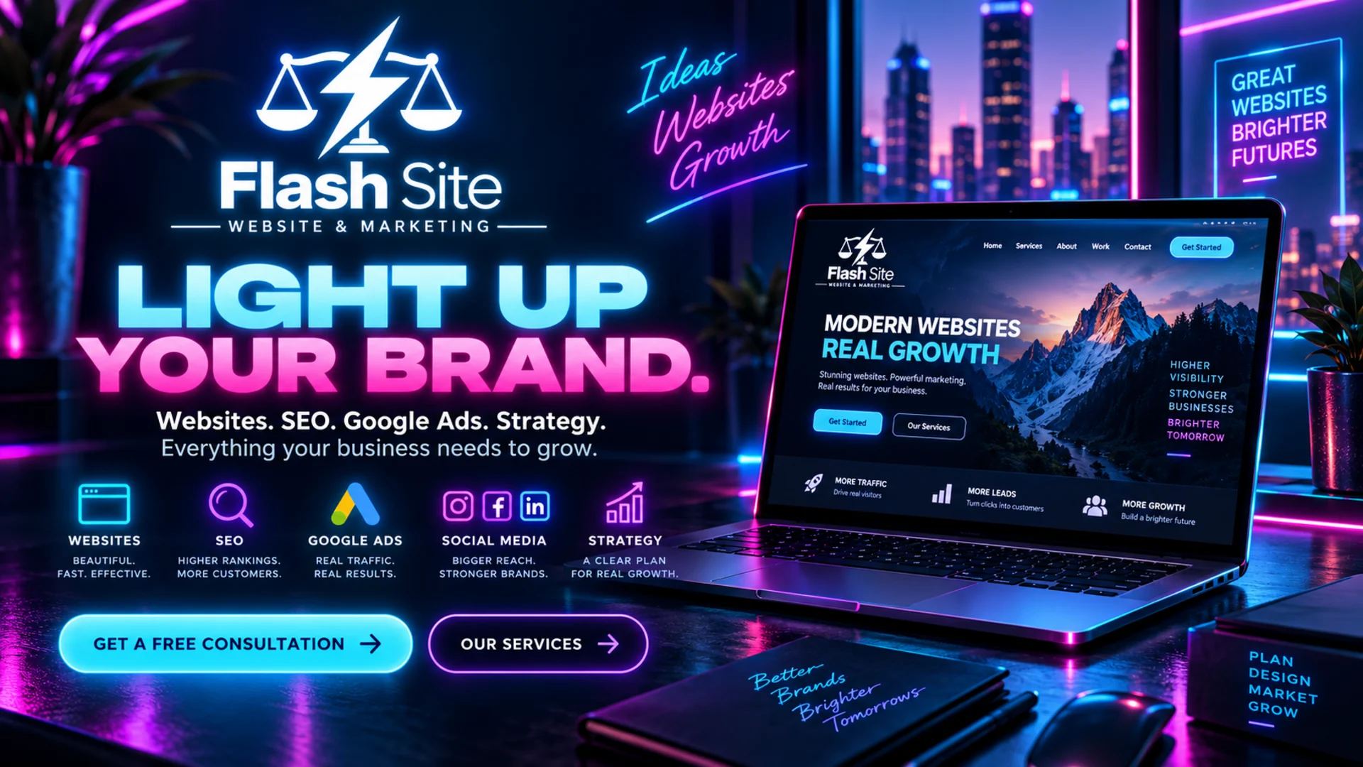 Flash Site neon website and marketing banner showing website design, SEO, Google Ads, social media and strategy